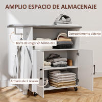 HOMCOM Mueble de Plancha con Ruedas Mueble de Planchado con Barra para Colgar Ropa Estante Abierto y Tabla de Planchar 125x43,5x102,5 cm Blanco - details 1