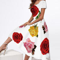Nuevo Vestido Largo Impreso Para Mujer Talla Grande Cuello Redondo Manga Corta Estilo Preppy Mid-Calf Cierre De Cremallera - details 3