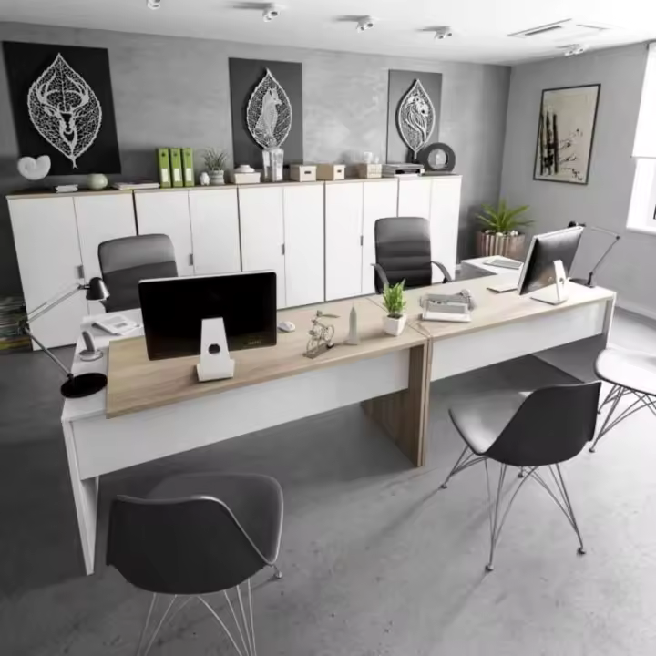 Pack Muebles Despacho Completo Moderno 2 Mesas Escritorio Con Buck 5 Armarios Color Blanco Y Roble - 1