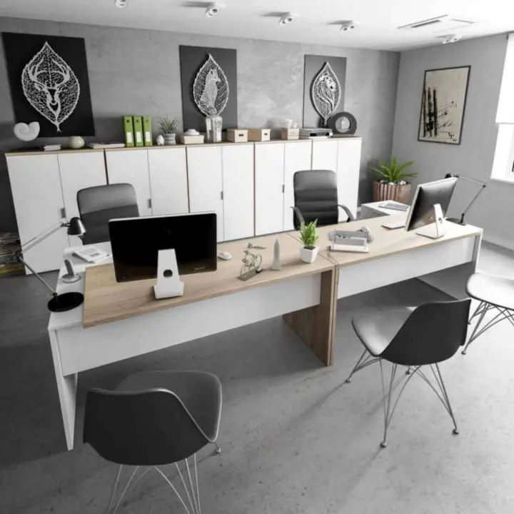 Pack Muebles Despacho Completo Moderno 2 Mesas Escritorio Con Buck 5 Armarios Color Blanco Y Roble - 1