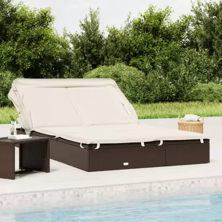 Tumbona 2 personas toldo plegable ratán PE marrón 213x118x97 cm - 1