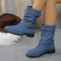 Botas De Tacón Bajo Para Mujer 2024 Moda Denim Con Hebilla Decorativa Botines De Media Calf Winter Roman round Toe Workwear Fiesta - details 3