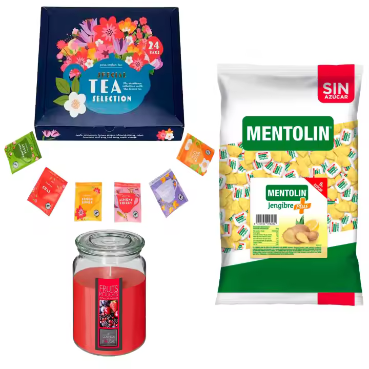 Pack Balsámico: MENTOLIN PLUS JENGIBRE S/A BOLSA 1KG + Vela perfumada de frutos rojos + Set de Te con 24 bolsitas con diferentes sabores y aromas - 1