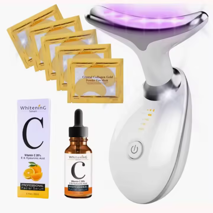 MISTIK  Kit Masajeador Rejuvenecimiento Facial Papada Arrugas Piel Lifting Antienvejecimiento Hidratacion Incluye Serum Acid Hyaluronic y 10 Parches Ojeras Colageno Acne Belleza Mujer Cara Cuello Papada Terapia EMS Vibracion Led - 1