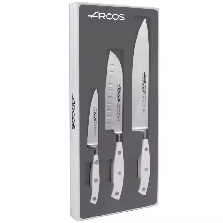 Arcos Juego Cuchillos Forjados 3 piezas - Acero Inoxidable y Hoja mm. 613 gr. Mango ergonómico Polioximetileno POM. Serie Riviera Blanc. Hoja delgada con un Borde Suave característico. Color Blanco. - 1