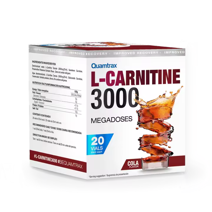 Quamtrax - L-carnitine 3000 - 20 viales  *SABOR MANZANA* - La L-carnitina es necesaria para el correcto metabolismo de las grasas, al ayudar a usarlas como fuente de energía. - 1