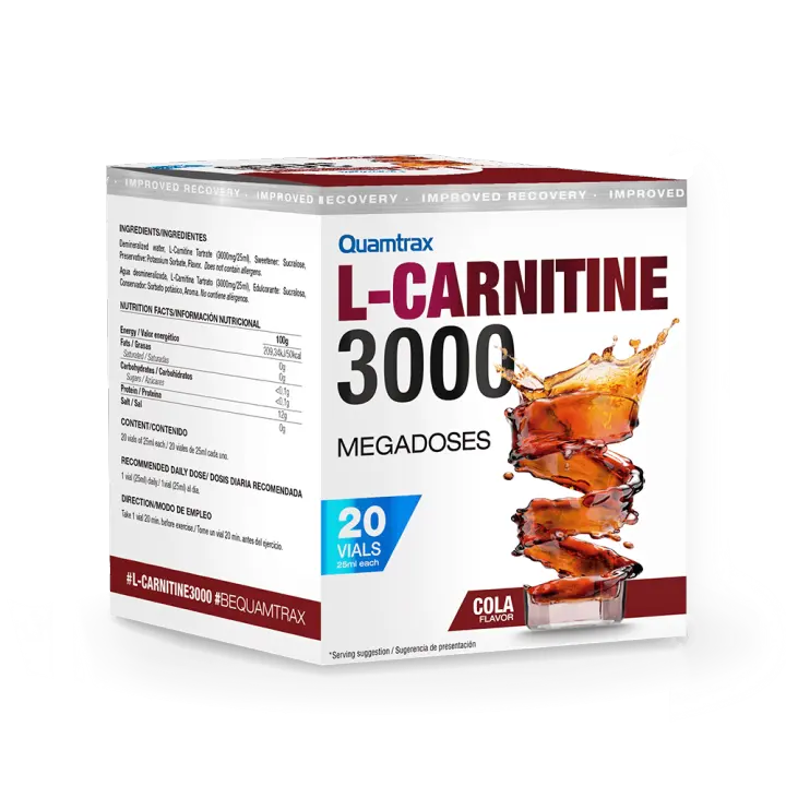 Quamtrax - L-carnitine 3000 - 20 viales  *SABOR MANZANA* - La L-carnitina es necesaria para el correcto metabolismo de las grasas, al ayudar a usarlas como fuente de energía. - 1