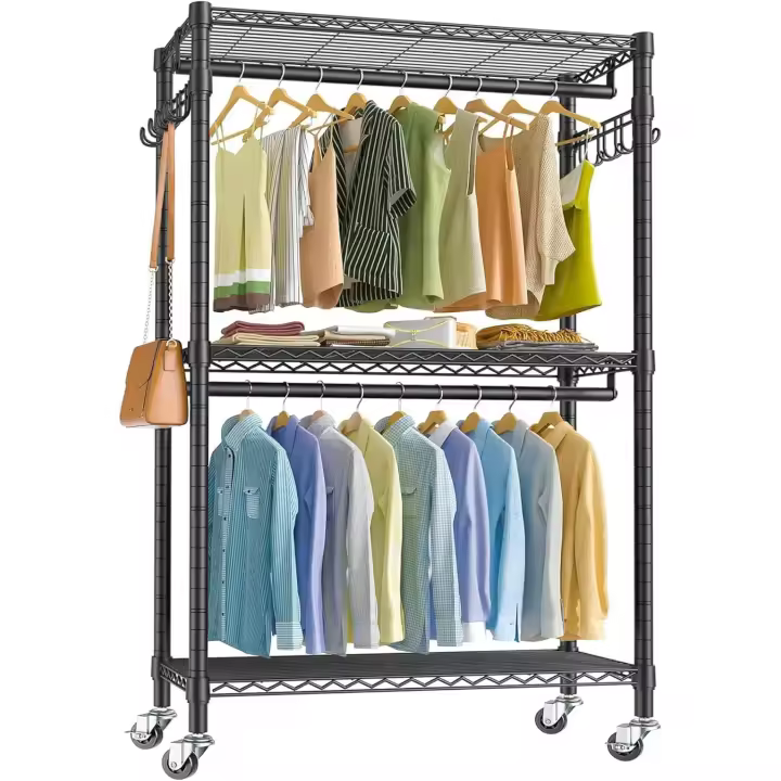 Perchero Metálico con Ruedas y 3 Niveles – 90 x 43,5 x 180 cm | Soporta hasta 100 kg | Estructura de Acero de 22 mm | Con Ganchos Laterales para Accesorios (NEGRO) - 1