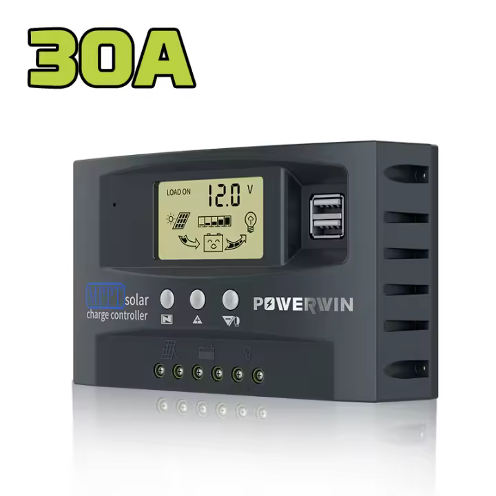 Controlador Solar MPPT 30A POWERWIN MT01 Para Batería Lifepo4 Detecta Automáticamente 12V 24V Con Pantalla LCD Dual USB Azul Gris - 1