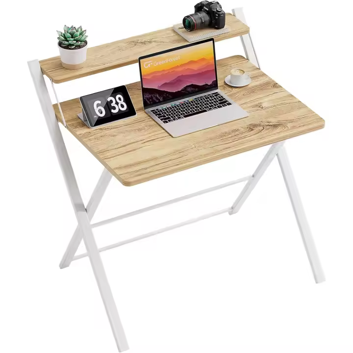 Escritorio Plegable con Estante del Monitor,Escritorio de Oficina deTamaño Pequeño sin Montaje,Escritorio Pequeño para Espacio Pequeño, Beige - 1