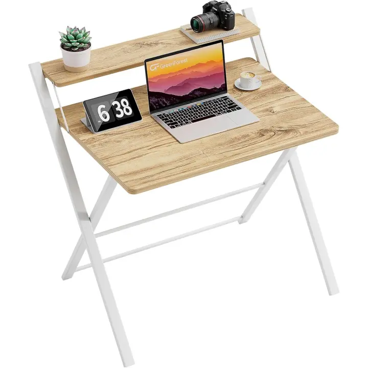 Escritorio Plegable con Estante del Monitor,Escritorio de Oficina deTamaño Pequeño sin Montaje,Escritorio Pequeño para Espacio Pequeño, Beige - 1