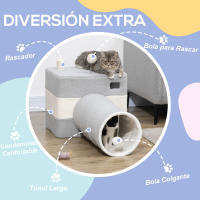 PawHut Túnel para Gatos con Cueva Tubo de Juguete para Mascotas con Orificio Superior Puerta Delantera Poste de Sisal y Bola Colgante 48x95x58 cm Gris - details 3