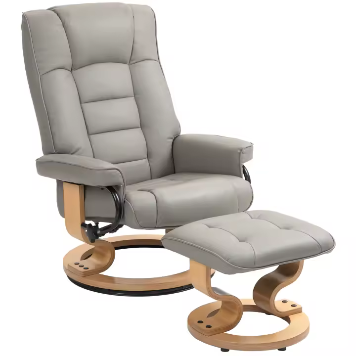 Sillón relax HOMCOM con taburete, sillón de TV giratorio con función reclinable, sillón de TV con marco de madera, cargable hasta 150 kg, para sala de estar, cuero sintético, gris - 1