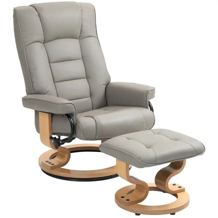 Sillón relax HOMCOM con taburete, sillón de TV giratorio con función reclinable, sillón de TV con marco de madera, cargable hasta 150 kg, para sala de estar, cuero sintético, gris - 1