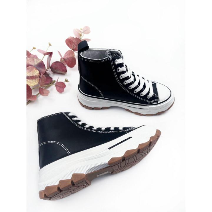 Calzado Estilo. Zapatillas abotinadas de polipiel para mujer, con plataforma, cómoda, con cordones, alta calidad