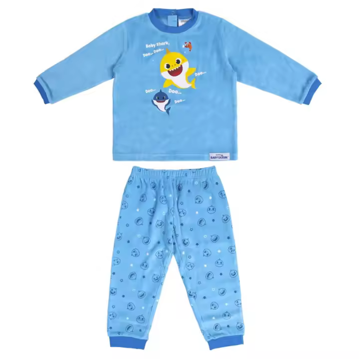 Baby Shark Pijama Largo Azul Bebé Suave Acabado Tipo Velour - 1