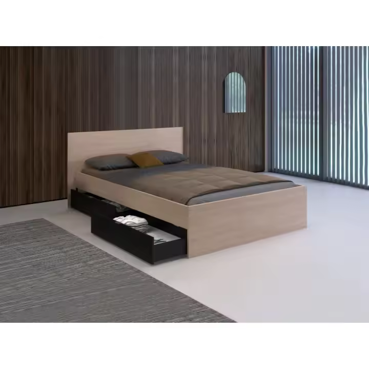 Vente-unique - Cama con 2 cajones 140 x 190 cm - Color: natural y negro - VELONA - 1