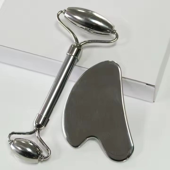 2pcs Herramienta De Cuidado De La Piel Y Belleza Con Masajeador De Doble Rodillo En Acero Inoxidable Forma De Corazón Para Rostro Y Ojos - 1