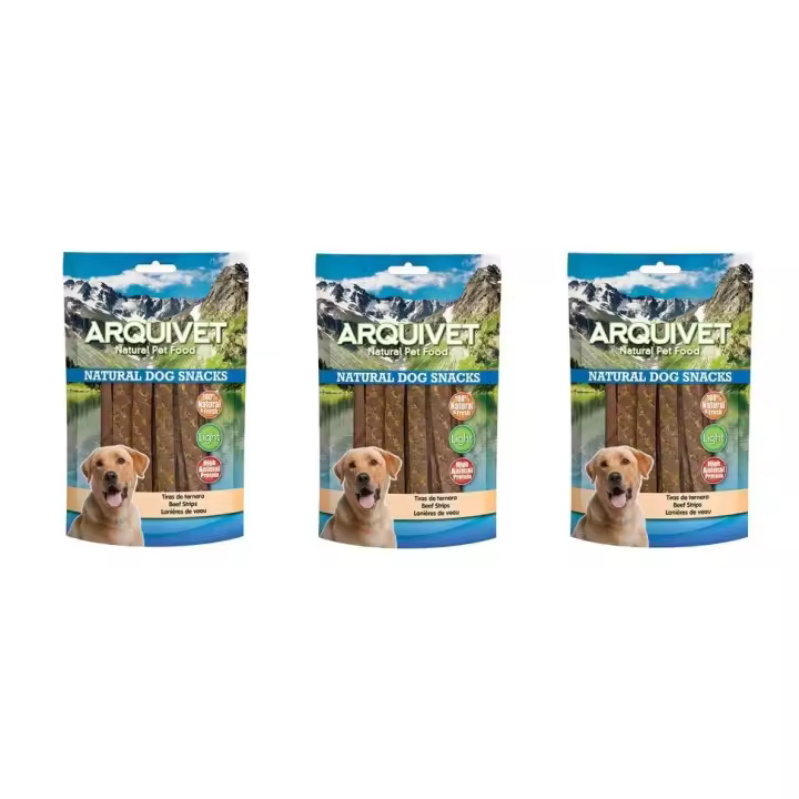 Snacks para perro Tiras de ternera - naturales - Golosinas para perro - Chuches para perro - Premios y recompensas para perro - Snacks caninos - 100 g (pack de 3 unidades) Arquivet - 1