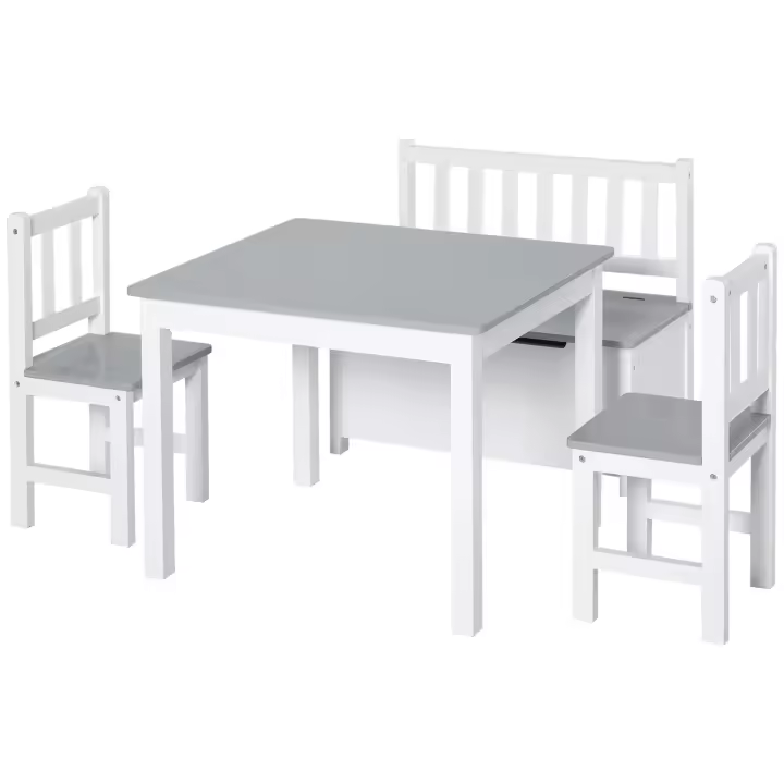 HOMCOM Conjunto de Mesa 2 Sillas y Banco para Niños de Madera con Espacio de Almacenamiento Muebles Infantiles para Sala de Juegos Habitación de Niños - 1