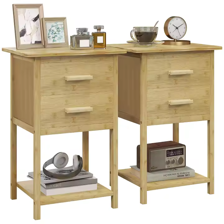HOMCOM Juego de 2 Mesitas de Noche, Mesita de Noche con Cajón, Estante, Mesita de Noche con Asa, para Dormitorio, Salón, Natural, 40 x 34 x 60 cm - 1