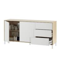 Meimon BROOKLYN Aparador con estructura en tablero melaminizado E1, 2 puertas con apertura PUSH, 3 cajones con guías metálicas, estantes interiores fijos, patas ABS blancas, acabado Roble Canadian y Blanco Artik - details 2