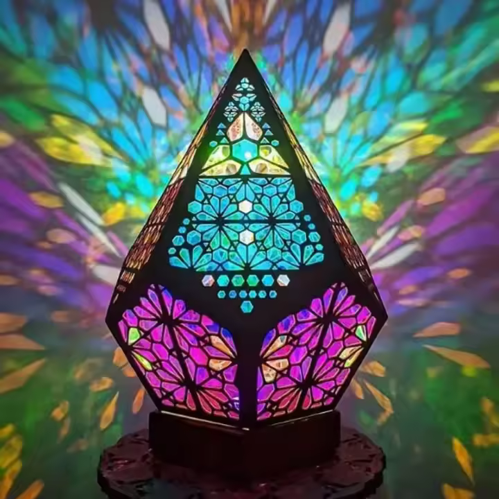 Lámpara De Mesa Bohemia LED Proyección 3D Geométrica Multicolor Vintage Ambiente Noche Decoración Figura De Madera Moderna - 1