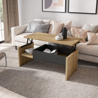 Skraut Home - Mesa de Centro Elevable - Mesa Auxiliar Salón Comedor - 110x50x45 cm - Mesa de Comedor - Estilo Moderno - Color Roble y negro - dimensiones con la bandeja elevada 110x50x56cm - details 0