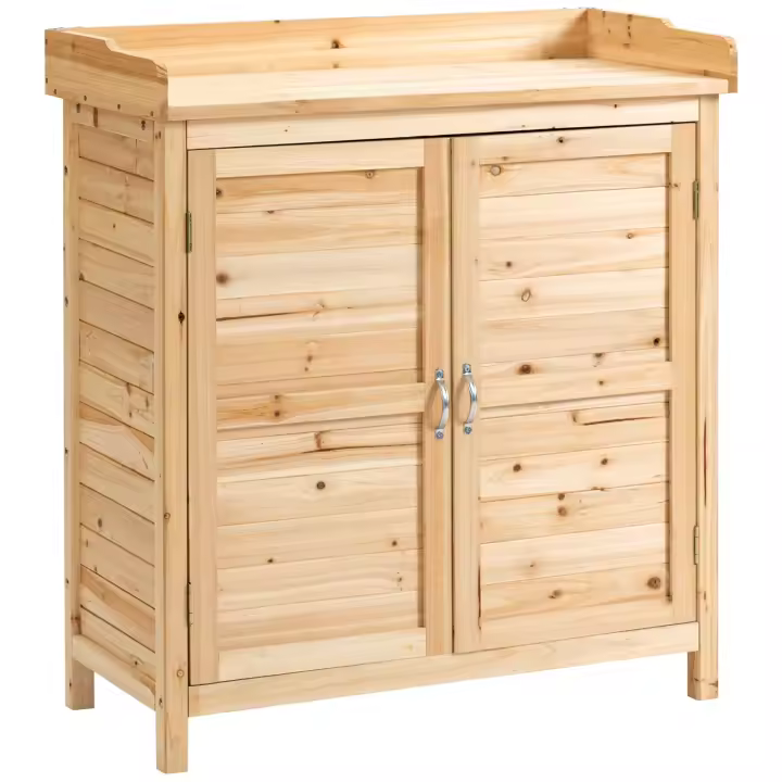 Outsunny Armario de Jardín de Madera Cobertizo Exterior Cobertizo para Almacenaje con 2 Puertas Estante y Patas Elevadas para Terraza Patio 83x40x92 cm Natural - 1