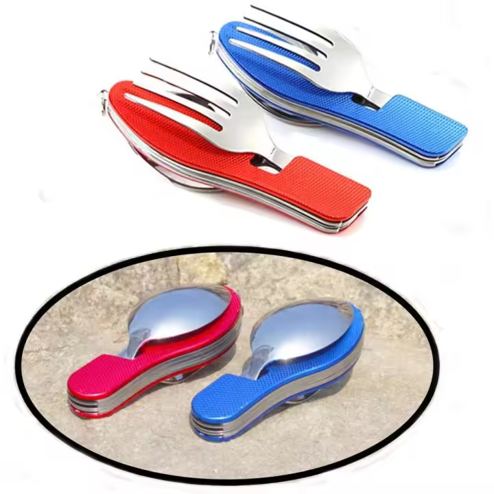 2Pcs 4 en 1 Vajilla de camping Juego de equipo de camping Maple inoxidable Tenedor Set Abrebotellas Camping Fundas/Viaje/Supervivencia-Plegable Desmontable-Rojo, Azul - 1