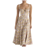 Vestido De Playa Para Mujer Con Estampado Floral Cuello Cuadrado Ajuste Frontal Y Abertura En Pierna Midi Polyester Sin Mangas Vestido De Noche - details 3