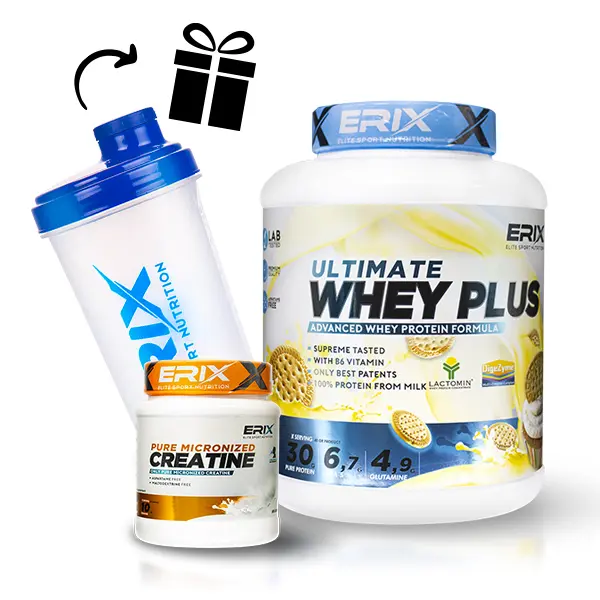 ERIX NUTRICION | PACK WHEY ULTIMATE PLUS 2 KG + CREATINA MONOHIDRATO 300 GR +  SHAKER "REGALO" | Pack Ahorro | Proteína Concentrada | Creatina Monohidrato | Ganar Masa Muscular | Recuperación Muscular | Energía - 1