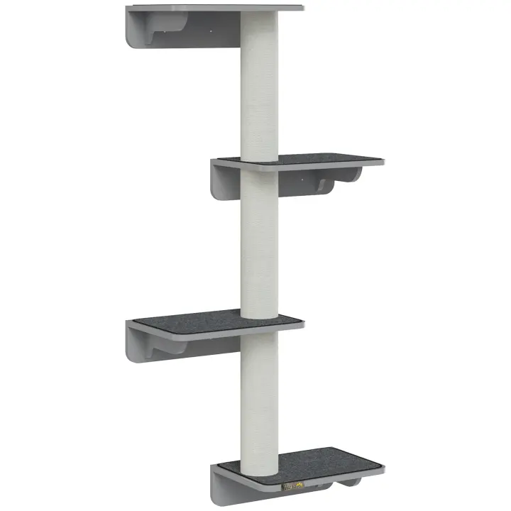 PawHut Rascador de Pared para Gatos, Rascador para Pared, Muebles para Gatos para la Pared, Diversión para Escalar para Gatos, Montado en la Pared, Madera, Gris Claro + Beige, 66 x 28 x 137 cm - 1