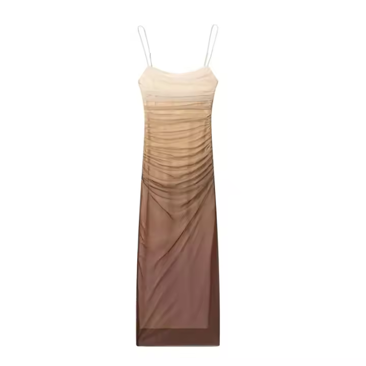 Vestido Midi De Verano TRAF Para Mujer En Malla Y Tulle Impresión Bodycon Casual Con Encaje Y Estampado Cintura Empiric Zipper Sin Mangas - 1