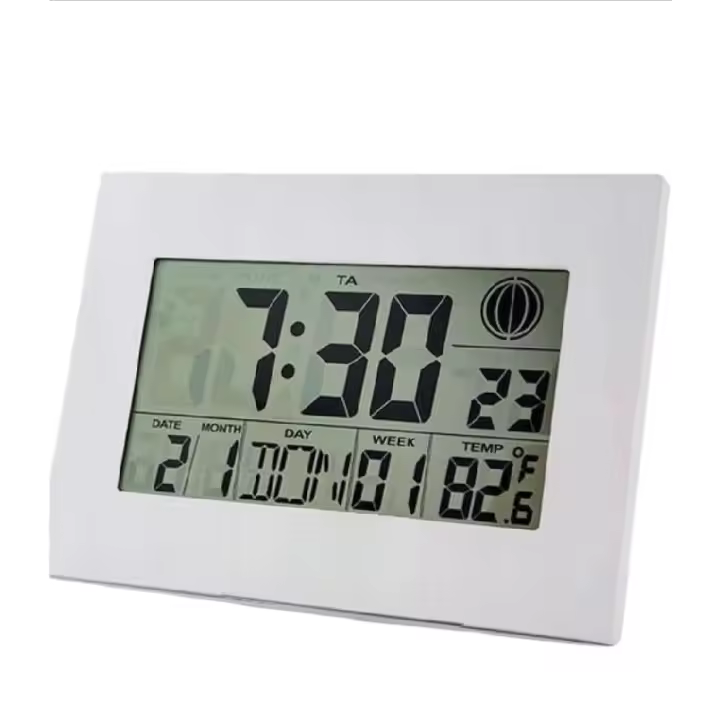 Reloj de Pared y Escritorio de Pantalla Grande, Despertador Digital LCD con Temperatura de Interior/exterior, Calendario de 100 Años, Alarma, Termómetro, Funciona con Batería,  23x17 Cm, Blanco - 1