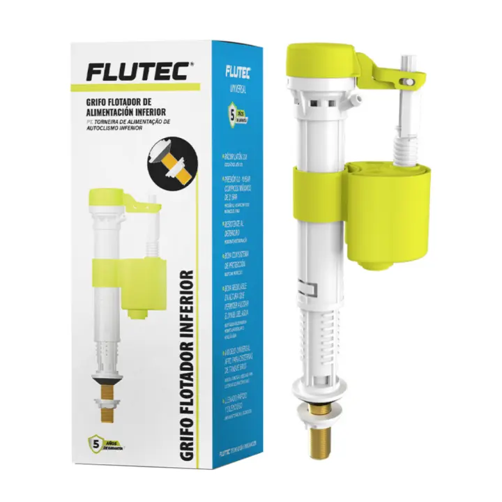 Grifo Flotador para cisternas con toma Inferior FLUTEC. Compacto y compatible con casi todos lo modelos. Rosca universal 3/8" - 1