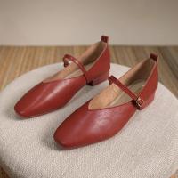 Zapatos Planos De Mujer Elegantes Y Retro Con Hebilla Mary Janes De Punta Cuadrada Rojos Para Primavera Y Otoño Con Suela Suave Y Material De Microfibra - details 17