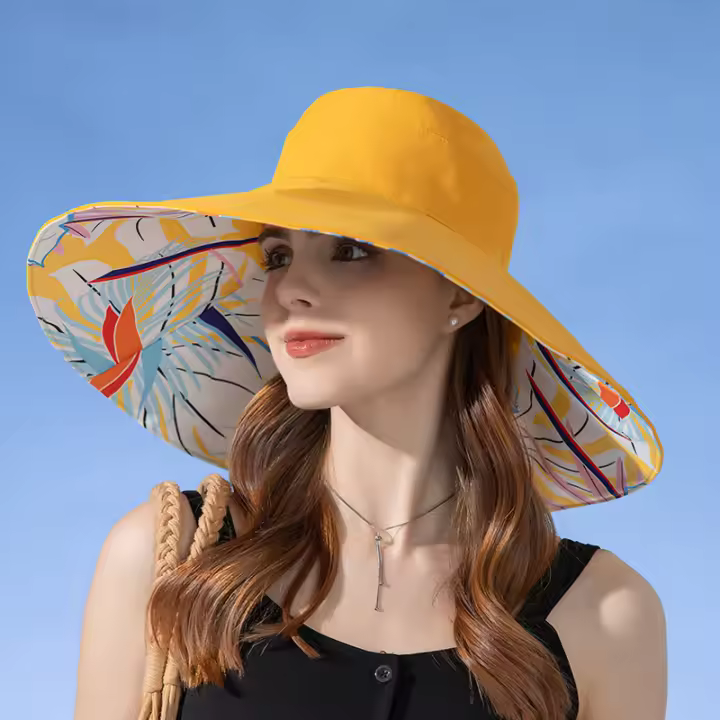 Sombrero De Pescador Bicolor De Algodón 100% Para Mujer Protección Solar Amplio Sombrero De Verano Casual Floral - 1