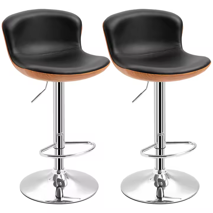 HOMCOM Juego de 2 Taburetes de Bar con Reposapiés, Silla de Bar con Respaldo, Taburete Bistro, Silla de Comedor, Giratorios de Altura, Piel Sintética, Negro, 46 x 53,5 x 85-106 cm - 1