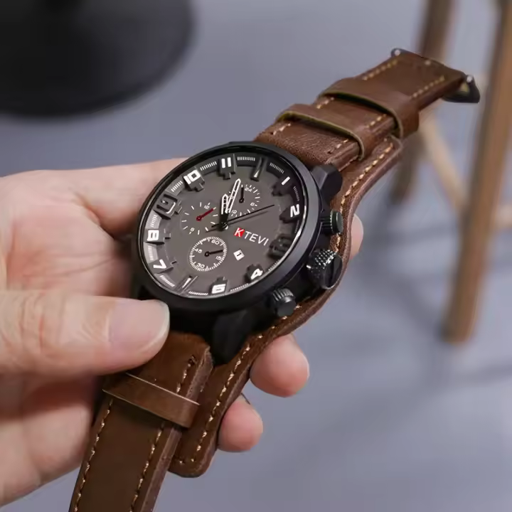Reloj Retro Para Hombre De Lujo Con Correa De Cuero PU Reloj De Pulsera Militar Táctico De Gran Dial Calendario Completo Movimiento De Cuarzo - 1