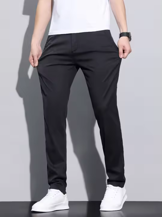 Pantalones Casuales Para Hombre Lyocell Fibra Verano Malla Suave Transpirable Elástica Slim Straight Negro Gris Talla Media - 1