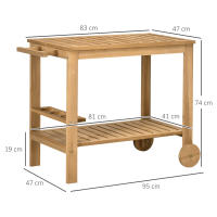 Outsunny Carrito de Madera de Bar Carro de Servicio de 2 Niveles con Asa Lateral 3 Portabotellas y 2 Ruedas para Jardín Patio Terraza 95x47x74 cm Natural - details 2