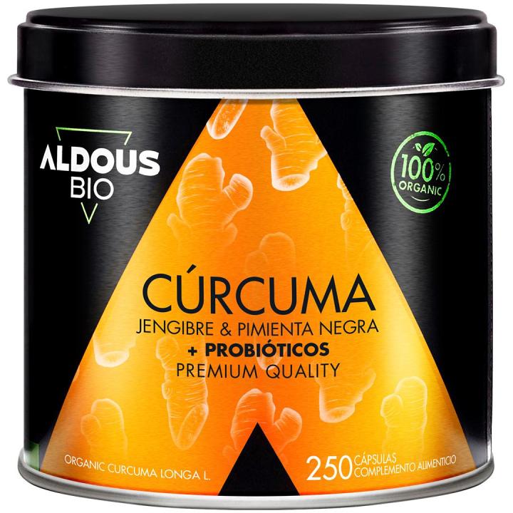 Cúrcuma Ecológica con Jengibre, Pimienta Negra y Probióticos 250 Cápsulas Aldous Bio
