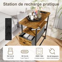 Mesa auxiliar con enchufes color madera rústica 60x30x62 cm, con cajón de tela, estante y puertos USB/USB-C - details 1