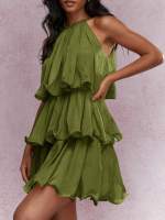 Vestido Boho Elegante De Mujer Con Volantes Y Tirantes Mini Vestido Sin Mangas Halter Para Fiesta Verde Holgado Y Fluyente Para Fiestas De Navidad - details 1