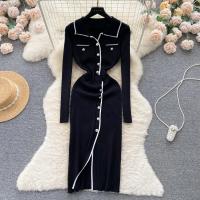 Vestido De Lana Elegante De Otoño Invierno Para Mujer Cintura Alta Botones Cuello Bajado Largo De Contraste Nuevo 2024 - details 1