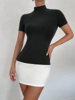Vestido Corto De Verano Con Cuello Alto Media Altura Manga Corta Color Coordinado Ajustado Para Mujer Oficina Y Compra Diaria - details 5