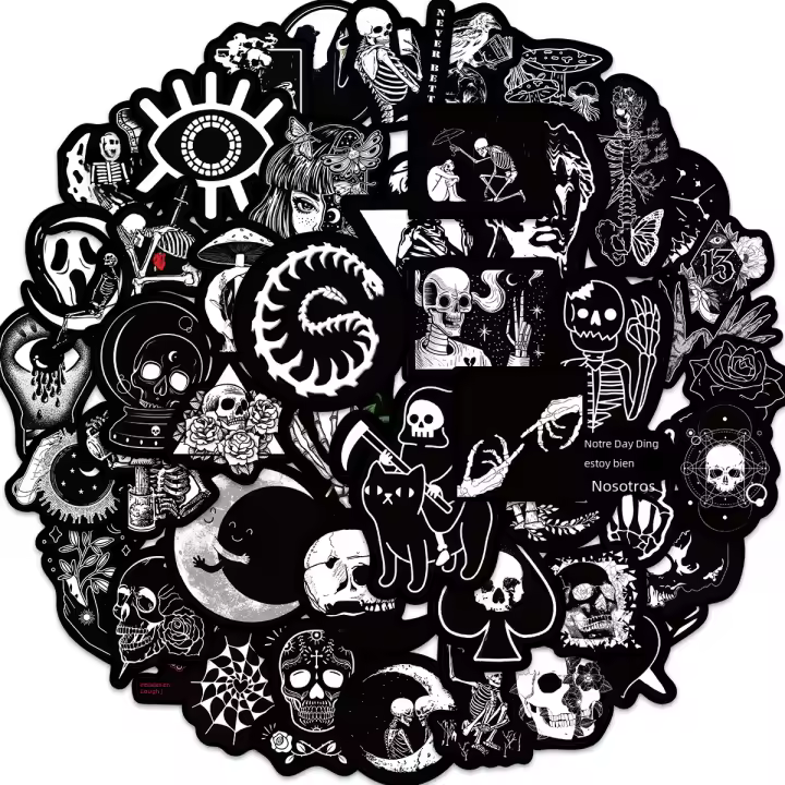 50PCS Etiquetas De Vinilo Impermeables Góticas Negras Y Blancas Estilo Skull Para Botellas De Agua Y Teléfono Móvil - 1