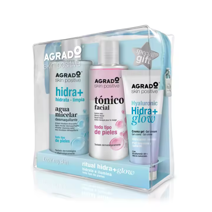 AGRADO - Neceser de Limpieza Facial Hidra, Pack con Agua Micelar Hidra 400 ml, Tónico Facial 250 ml y Crema Gel Facial Hyaluronic Hidra + Glow 75 ml, con Activos Hidratantes que Limpian la Piel, Fórmula Extra Hidratación - 1