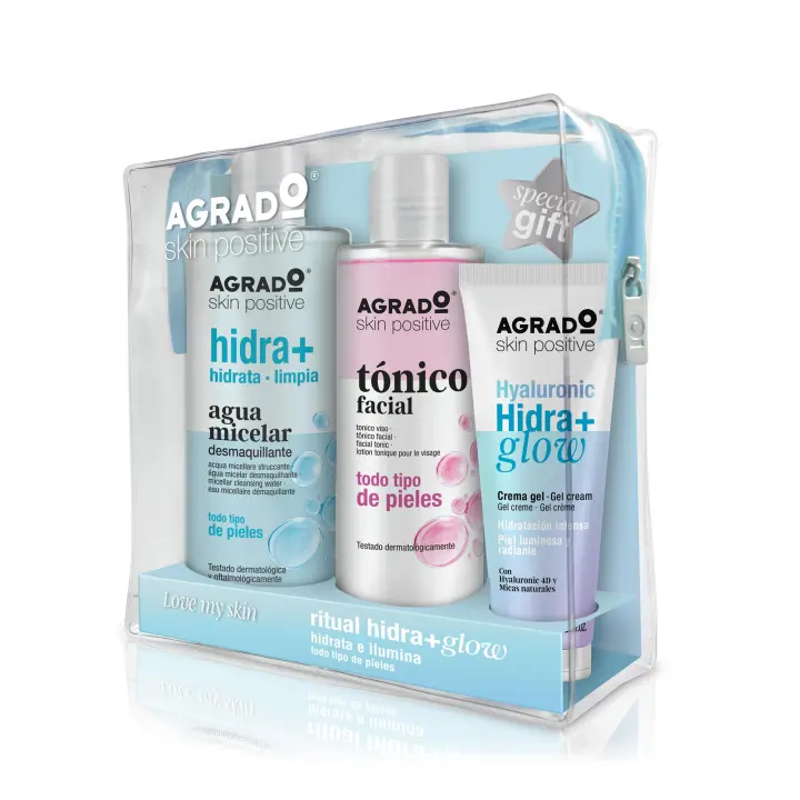 AGRADO - Neceser de Limpieza Facial Hidra, Pack con Agua Micelar Hidra 400 ml, Tónico Facial 250 ml y Crema Gel Facial Hyaluronic Hidra + Glow 75 ml, con Activos Hidratantes que Limpian la Piel, Fórmula Extra Hidratación - 1